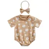 Ensembles de vêtements enfant en bas âge bébé fille barboteuse été à manches courtes imprimé fleuri combinaison bandeau vêtements pour bébé 0-18 mois