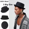 Big Size 100% Wool Men Pork Pie Hat For Dad Black Fedora Hat For Gentleman Flat Bowler Porkpie Top Jazz217E