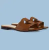 Varje dag bär kvinnor som är låsta sandaler Skor Suede Leather Flip Flops Cut-Out Slide Flats Summer Lady Slip On Beach Slippers EU35-43