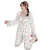 Ropa de dormir para mujer, conjuntos de pijamas con estampado de corazones, pijamas de Modal con ribete de encaje Sexy, traje de 2 uds, ropa de dormir para novia, ropa para el hogar