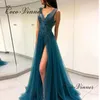 Robes de soirée Sexy dos nu femmes robe de bal dentelle Appliques Tulle soirée Double épaule côté fente robe de mariée E8026