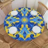 Table Cloth Round Oilproof Portuguese Azulejo Tiles Cover Elastic Fitted Blue Delft Backed Edge Tablecloth For Dining