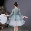 Girl Dresses Girl's Baby Princess Floral Embroidery Layered Dress Long Sleeve Child Vintage Cake Tulle Vestido Wedding Birthday Frocks 3-14Y