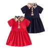 Милые летние платья принцессы для девочек, платье с короткими рукавами для маленьких девочек, детское клетчатое платье с отложным воротником, 3 цвета, От 1 до 6 лет