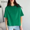 女性用Tシャツwywm 100％コットンTシャツ女性サマーハラジュクソリッドベーシックTシャツルースカジュアルOネックティーグリーンソフトメストップ230512