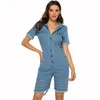 Combinaisons pour femmes Barboteuses Style Denim Jumpsuit Slim Fit Sexy Pocket Turn-down Col Playsuits Summer European And American Street StyleWo