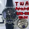 TWA 326-03 Siyah Toro Sürekli Takvim Lüks Erkekler İzle UN-32 Otomatik Zincir Kapatma Hareketi, 316L Çelik/Seramik Jant/Düğme/Taç, Sapphire Cam, 43mm, Sekiz