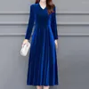 Casual Dresses Gold Velvet Women Solid Color Vintage Elegant Long Sleeves Round Neck Large Hem Ladies Prom