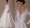 Elegante A-lijn satijnen trouwjurk lange mouwen vloerlengte V-hals kanten Appliques Princess Bridal Party Jurk Vestidos de novias Robe de Mariage 2023