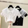 Women's T Shirts Korean Fashion Summer Short Sleeve Ins Lace Collar Cardigan Knitted Tops Womens Designers Solid White Casual Female