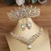 Bridal Wedding Crown Headwear Three Piece Set of Blue Super Immortal Beauty Wedding Dress Atmospheric Crown Transparent Crystal Rhinestone Adult Present Crown