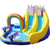 Unicorn Jumping Castle med gliduppblåsbara vattenglas för barnens trädgård Dual Slides med vattenspraypool Vattenpistoler Rainbow Arch Double Unicorn Design Park Spela