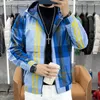 Männer Jacken Qualität Casual Mit Kapuze Rot Blau Gitter Muster Trendy Langarm Slim Top Bomber Jacke Männer Jaqueta Masculina