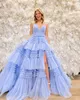 Dresses Ruffled Fitted Prom Dress Layers Glitter Tulle High Slit Skirt Lady Preteen Teen Girl Pageant Gown Formal Party Wedding Guest Red