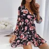 Casual jurken jurken voor vrouwen Vestido Fashion Spring en herfst ruches jurk bloemen veter negen punten mouw pullover jurk traf 230515