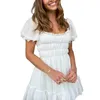 Freizeitkleider Damen Feenrüschenkleid Y2K Swing Mini Weiß Off-Shoulder A-Linie Kurz Plissee Taille
