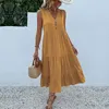 Casual Sleeveless Tank Dress Women Summer V Neck Buttons Ruffle Midi Dresses 2023 Elegant Fashion Beach Loose Sundress