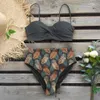 Badkläder 2022 Sexig bladtryck Bikini Kvinnliga baddräkt Kvinnor Badkläder thong Push Up Bikinis Set High midjebaddräkter för baddräkt