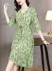 Robes décontractées femmes vert Floral soie col en v robe de plage été élégant moulante fête 2023 mode coréenne luxe soirée