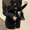 Abiti casual Sexy Femme Abbigliamento vintage da donna Bottone Manica lunga Nero Camicia monopezzo aderente da donna Compleanni Abiti da lavoro a maglia