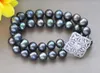 Kedjor 2ROW 17 "12mm Peacock-Black Round Freshwater Pearl Necklace Armband CZ