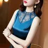 Women's Blouses Stretch Satin Vest Women Blouse Solid Color Sleeveless Lace Patchwork Tops Office Lady Slim Half Turtleneck Blusas Mujer