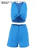 Survêtements pour femmes Bclout Summer Blue Linen Shorts Sets 2 Piece Outfits Femmes 2023 Vacances Col en V Sexy Crop Tops Mode Mince Straight Shorts Suit T230515