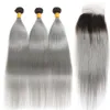 Braziliaans grijs haar weven 3 bundels met kanten sluiting zilvergrijs ombre hair extensions met sluiting 1B grijs zijdezacht recht