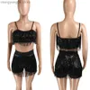 Kvinnors träningsdräkter paljetterade Tassel 2 -stycken Set Women Festival Clothing Spaghetti Strap Crop Tops och BodyCon Shorts Set Sexy Party Club Outfits T230515