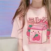 Tシャツの楽しいヴィンテージ90年代かわいいイチゴミルクシェイクカートンTシャツの女性ショートスリーブウルツァンハラジュクY2Kグラフィックピンクトップティー