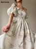 Vestidos casuales Aotvotee Imprimir Maxi vestidos para mujer Moda Fairycore Slash Neck Summer Dress Chic Elegant Folds Slim Vintage Dress 230515
