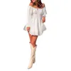Freizeitkleider Damen Feenrüschenkleid Y2K Swing Mini Weiß Off-Shoulder A-Linie Kurz Plissee Taille