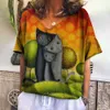 T-shirt Femme T-shirt Femme Dessin Animé Chat Imprimé Lâche Loisirs Été Manches Courtes Col V Kaii Tee Shirts Avec Chat Drôle Féminité Vêtements P230515