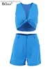 Survêtements pour femmes Bclout Summer Blue Linen Shorts Sets 2 Piece Outfits Femmes 2023 Vacances Col en V Sexy Crop Tops Mode Mince Straight Shorts Suit T230515