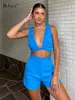 女子2ピースパンツBclout Summer Blue Linen Shorts Sets 2 Piece Outfits women Vacate v-neckSexy Crop Topsファッションシンストレートショーツスーツ230515