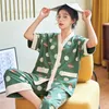 Women's Sleepwear Spring Summer Brand Short Sleeved Japnese Kimono PJ Womens Pajamas Sets Sexy Black Nightwear Capris Sleepwear Lounge Homewear 230515