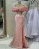 Aso Ebi 2023 Arabo Mermaid Pink Prom Dress Pealrs Cristalli Sera sexy Festa formale Secondo ricevimento Compleanno Abiti da fidanzamento Abiti Robe de Soiree SH045