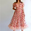 Robes décontractées femmes robe de princesse fraise paillettes maille broderie à lacets manches bouffantes col en v taille élastique robe en tulle robe de fée robe 230515