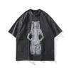 Distressed Oversized T-Shirt Streetwear Hip Hop Vintage Robot Graphic Print Tshirt Men Harajuku Casual Short Sleeve Tee Shirts