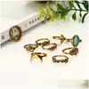 Bandringen 9 stuks Set van gepersonaliseerde dame ring retro totem olifant turquoise lotus vis staartgewricht patroon casual feest dhgarden dhsn7