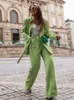 Dwuczęściowe spodnie kobiet Zack Rain Women Green Solid Długie garnitury 2023 Spring Fashion Ladies High Street Lacing Suits