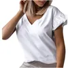 T-shirts pour femmes hauts soyeux volants manches Sexy col en v court mode couleur solide épissage Blouse femmes décontracté