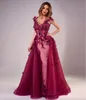 New Burgundy Evening Dresses Mermaid Scoop Floor-Length Detachable Train 3D Floral Appliques Beaded Tulle long Plus Size Prom Party Gown