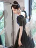 Party Dresses Black Puff Sleeve Prom Retro Square Collar Shining A-Line Long Chorus Gown Classic Back Lace-Up Evening Dress