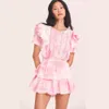 Casual Dresses Summer Short Sleeve Vocation Women White Mini Dress Holiday Lace Ruffled Dress Pink 230515