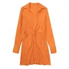 Casual Dresses Bright Orange Turn Down Button Up Bowknot Office Spring Summer Shirt Dress Short Long Sleeve Femme Robe Vetidos