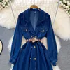 Casual Dresses Spring Autumn Retro Korean Women's High midje Slim Suit Collar Denim Dress Elegant Temperament Female Shirt Jacket T1333