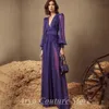 Party Dresses Dark Purple V Neck Long Sleeve Evening Dress Chiffon Pleated Applique Floor Length Beach Banquet Women Gown 230515