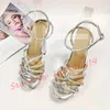 Sandaler Crystal Cross-bunt Platform Women Shiny Metallic Silver Block Heels Party Shoes Luxury Summer Ladies Naken Dress