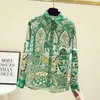 Women's Blouses Vintage Floral Print Blouse Womens Tops Silk Long Sleeve Green Office Ladies Lapel Button Up Loose Shirt Blusas Mujer